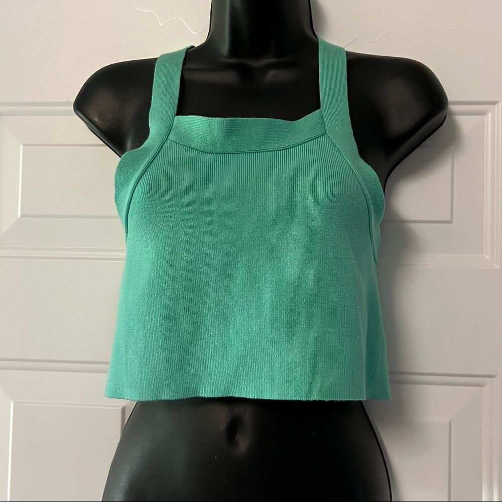 NWT 90s Sea Foam Green Crop Adjustable Open Back Strappy Tight Knit Halter S